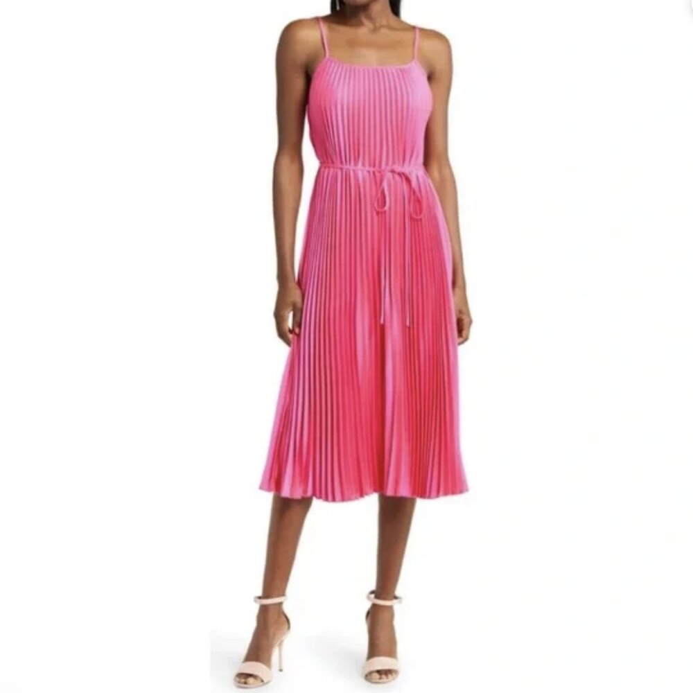 NWT Sam Edelman Hammered Satin Plisse Pleated Dress In Hot Pink XL